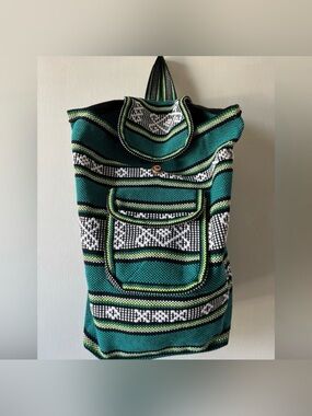 Green Embroidered Backpack with Black & White Pattern- Handmade